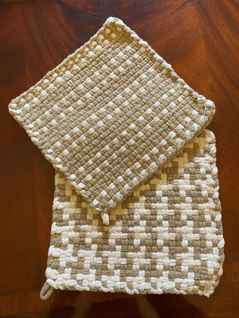 Handwoven 100% Cotton Pot Holders in Cream and Tan
